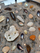 Afbeelding in Gallery-weergave laden, Strandtafel met schelpen versierd met unieke schelpen en zand, perfect voor een maritieme sfeer in uw huis.
